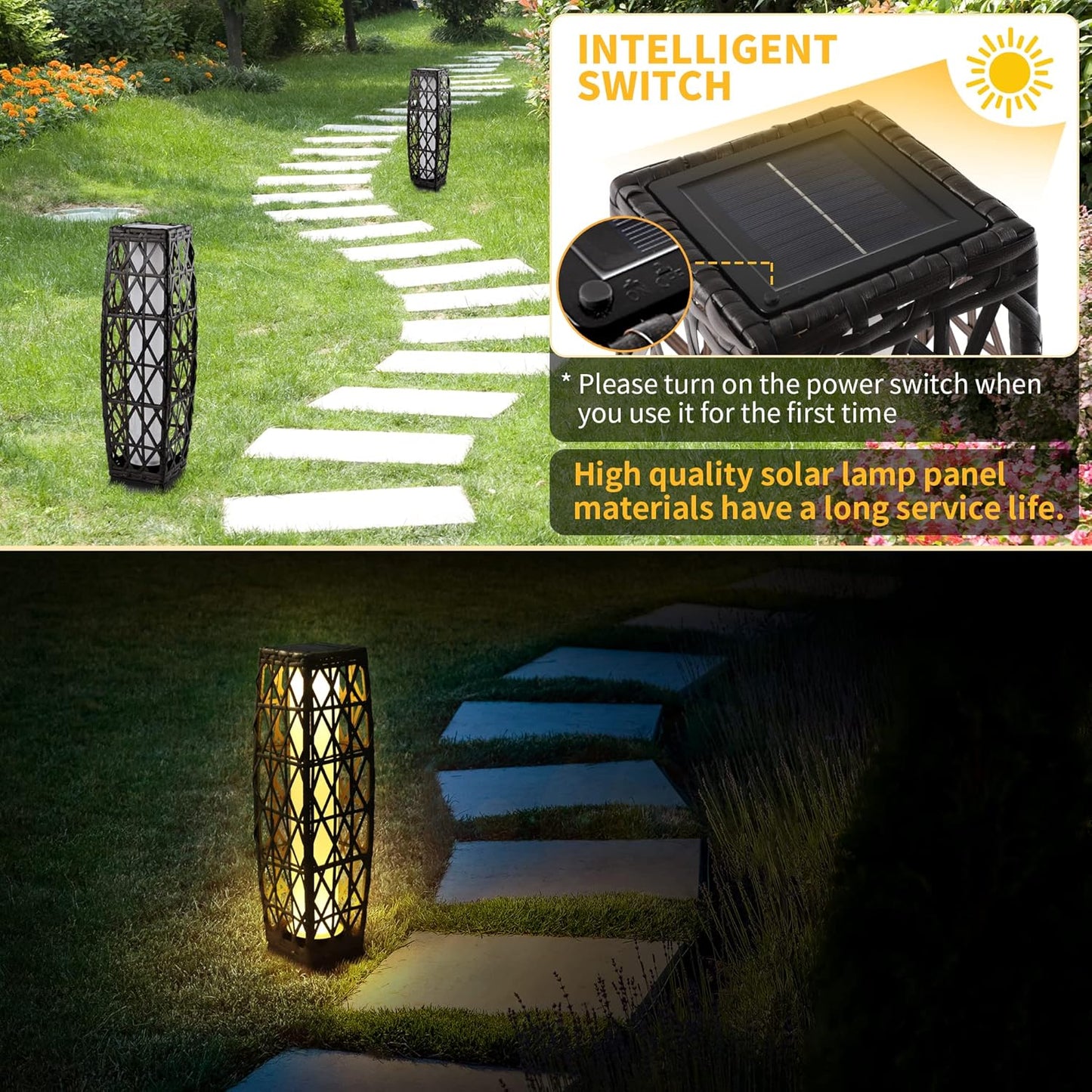 Solar Floor Lamp,Outdoor Floor Lamp,Solar Lanterns Outdoor Waterproof,Solar Powered Resin Wicker Lamp,Weather-Resistant Rattan Deck Light for Porch, Garden,Patio,Deck