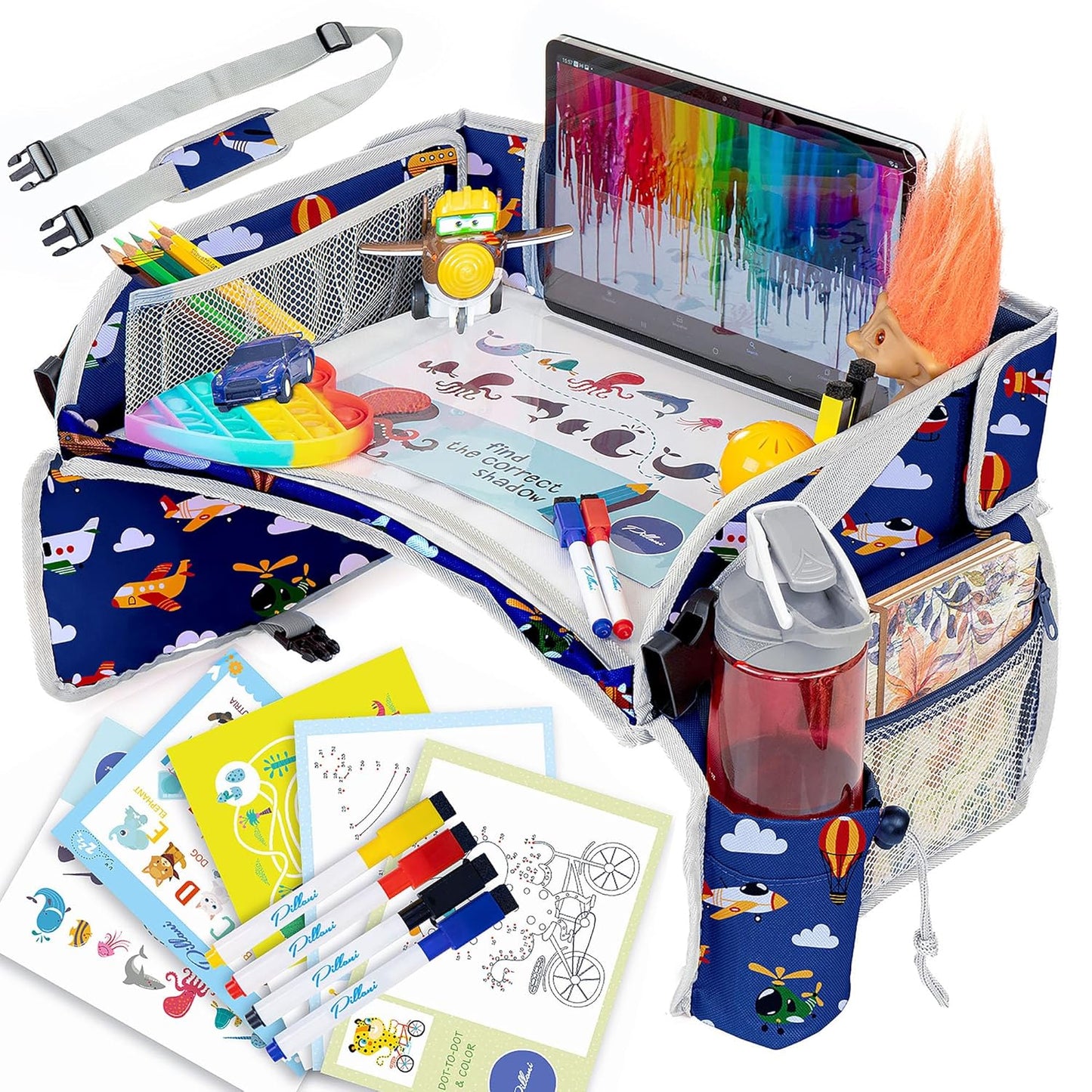 PILLANI Kids Travel Tray for Car - Car Seat Tray for Kids Travel, Road Trip Essentials, Carseat Table for Roadtrip Activities - Must Have Toddler Lap Desk Organizer for Airplane - Travel Accessories