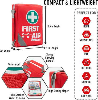 General Medi First Aid Kit - Small Compact First Aid Kit Bag(175 Piece) - Reflective Bag Design- Includes Instant Cold Pack, Emergency Blanket for Travel, Home, Office, Vehicle,Camping