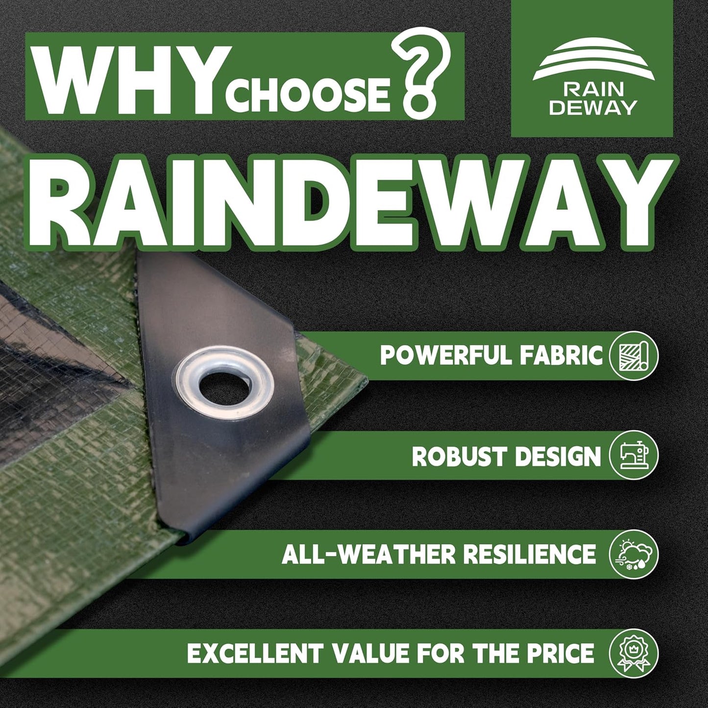 20x20 Feet Tarp Waterproof,9Mil Thick,Finished Size Tarps,UV Resistant,Durable,Multipurpose Poly Tarp Cover with Metal Grommets and Reinforced Edges,Green/Black by RAINDEWAY