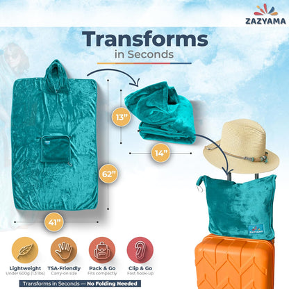 3-in-1 Travel Blanket Airplane – Compact with Bag & Pillow Combo Set, Ultra-Soft Fleece | Packable Blanket Compact | Hidden Pocket | Trolley Sleeve | Carabiner | Travel Essentials (Aqua Teal)