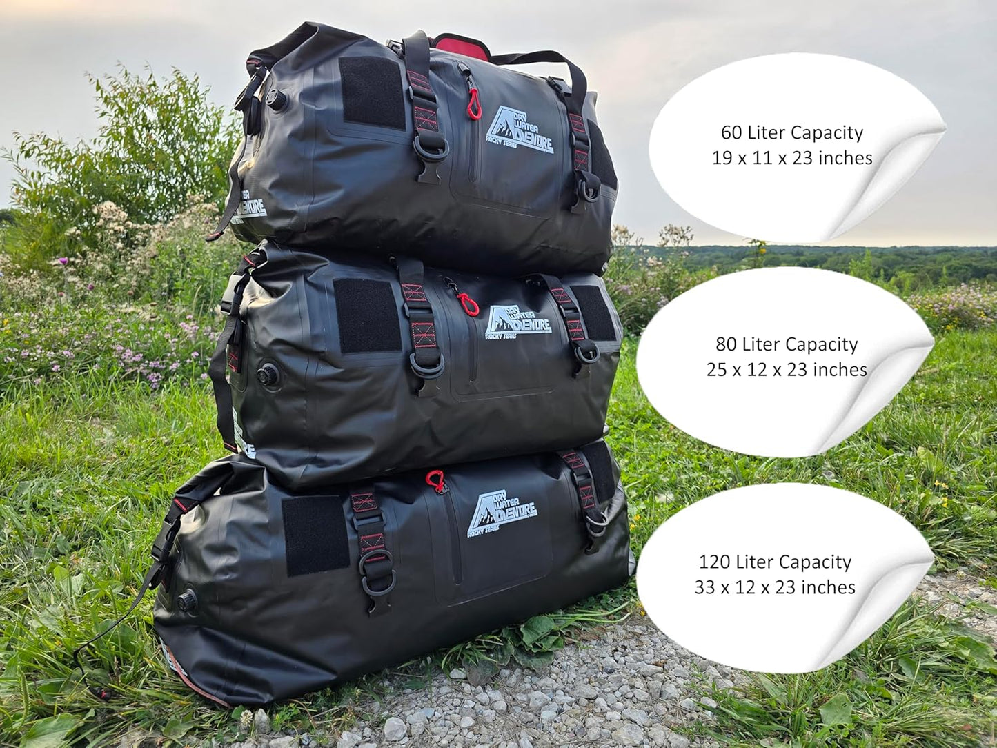 Motorcycle Waterproof Duffel Bag With Tie Down Straps, Marine Grade (60 Liter/15.8 Gallon, Rocky Series, Black)