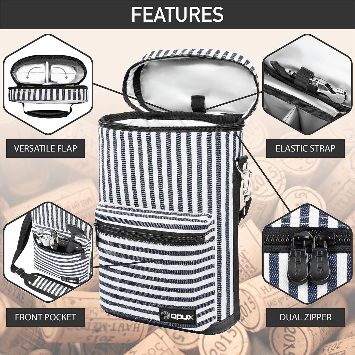 opux Wine Bag 2 Bottle Wine Tote Carrier, Insulated Wine Cooler Bag for Travel Picnic, Leakproof Portable Padded Case, Wine Gifts For Women Men Wine Lovers Christmas, Navy White Stripes