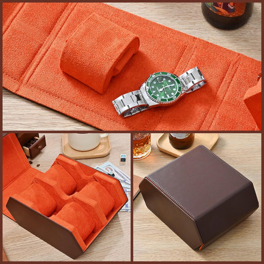 Watch Roll Travel Case for 4 Watchs Storage and Organizer,Leather Watch Box with Innovative Slide Pillows & Solid Dividers for Home, Protect and Display