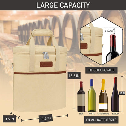 OPUX 3 Bottle Wine Carrier Tote, Insulated Leakproof Wine Cooler Bag, Wine Travel Bag Tote for Picnic Beach, Portable Wine Bottle Carrying Case, Gift for Wine Lover Women Men Christmas, Beige Cream