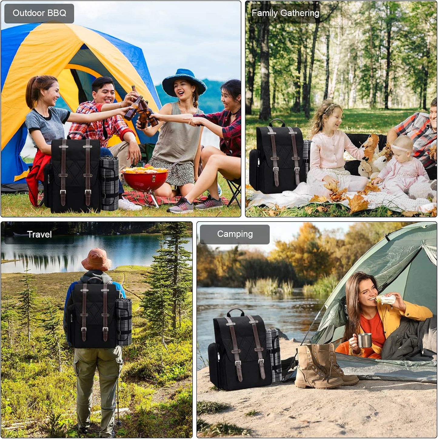 Picnic Backpack for 4 Person with Large Insulated Cooler Bag, Picnic Basket Set with Wine Pouch, Waterproof Picnic Blanket & Cutlery Set. Perfect for Beach, Camping, Party,Wedding Gift for Couple.