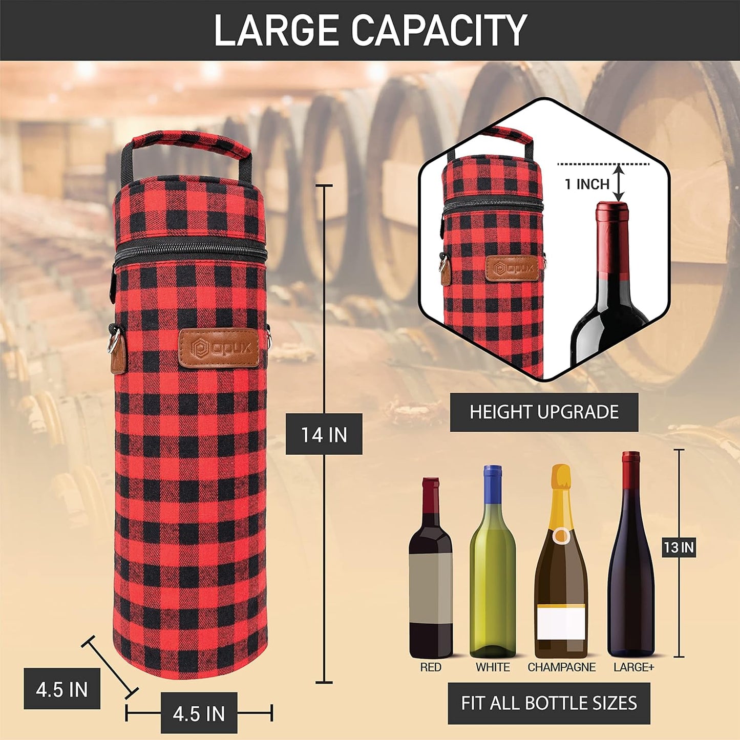 opux Wine Bag Single Bottle Carrier Tote, Insulated Wine Cooler Bag for Travel Picnic Beach with Shoulder Strap, Thermal One Bottle Holder Carrying Case Wine Gift for Women Men, Plaid Buffalo Red