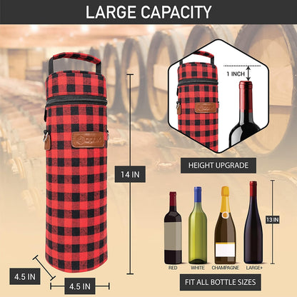 opux Wine Bag Single Bottle Carrier Tote, Insulated Wine Cooler Bag for Travel Picnic Beach with Shoulder Strap, Thermal One Bottle Holder Carrying Case Wine Gift for Women Men, Plaid Buffalo Red