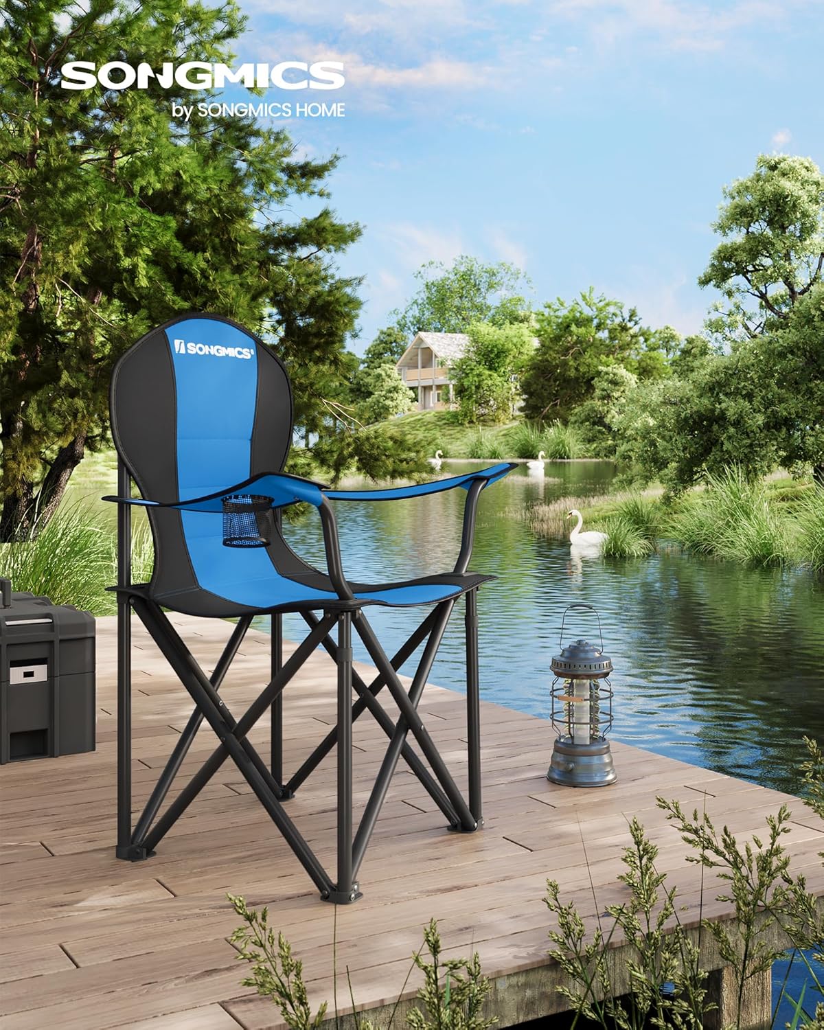 SONGMICS Folding Camping Chair, with Comfortable Sponge Seat, Cup Holder, Heavy Duty Structure, Max Load Capacity 551 lb, Outdoor Picnic Chair, Blue and Black UGCB06BU