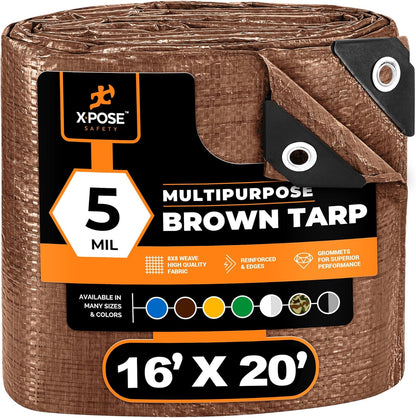 Multipurpose Protective Cover Brown Poly Tarp 16' x 20' - Durable, Water Resistant, Weather Resistant - 5 Mil Thick Polyethylene - by Xpose Safety