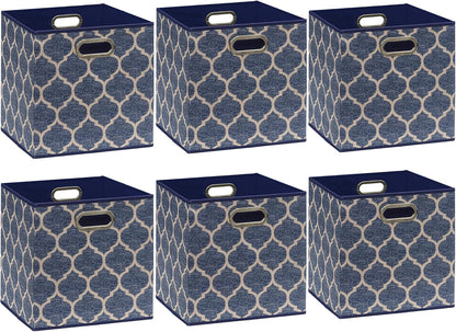 SIMPLE HOUSEWARE 11-Inch Collapsible Fabric Cube Storage Bin with Handles, Printed Design, 6 Pack, Steel Blue