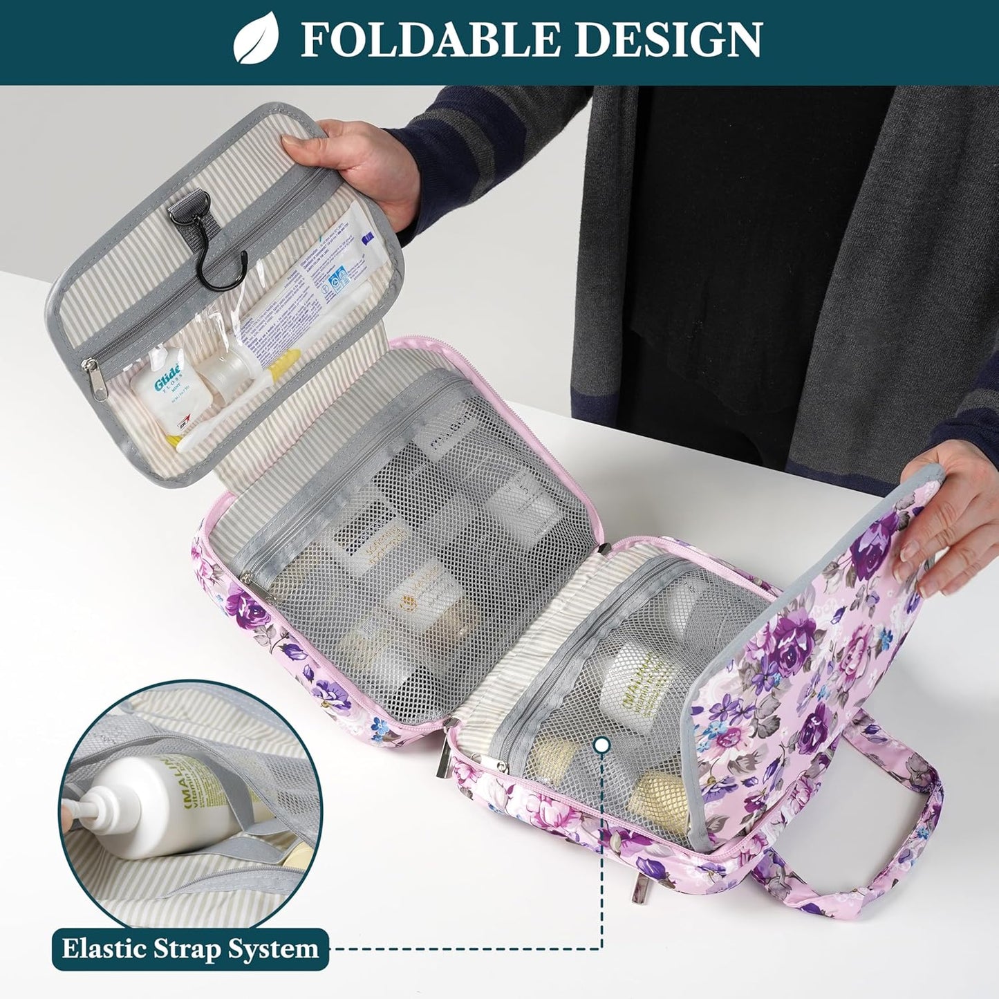 PAVILIA Hanging Toiletry Bag Travel Bag Women Men, Foldable Cosmetic Organizer, Roll up Makeup Bag, Water Resistant Accessories Toiletries, Large Travel Essentials Kit (Purple Floral)