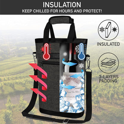 opux Two Bottle Wine Bag Carrier Tote, Insulated Leakproof 2 Bottle Wine Cooler Bag for Travel BYOB Picnic, Portable Wine Case, Gift for Men Women Wine Lover Birthday Party Christmas, Charcoal Gray
