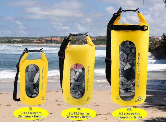 Freegrace Waterproof Dry Bags Set of 3 Dry Bag with 2 Zip Lock Seals & Detachable Shoulder Strap, Waist Pouch & Phone Case - Can Be Submerged Into Water - for Swimming (Yellow(Window), 10L)
