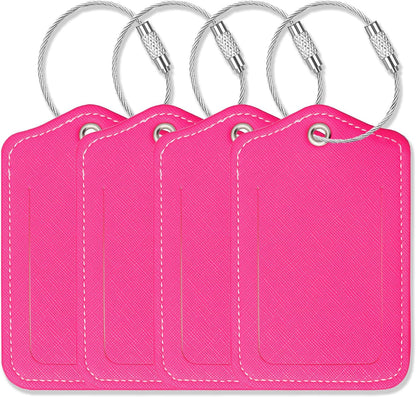 Luggage Tags for Suitcases-Leather Luggage Tag 4 Pack with Loops Cute Bag/Backpack/Suitcase Tags Travel Essentials for Flying (Pink)