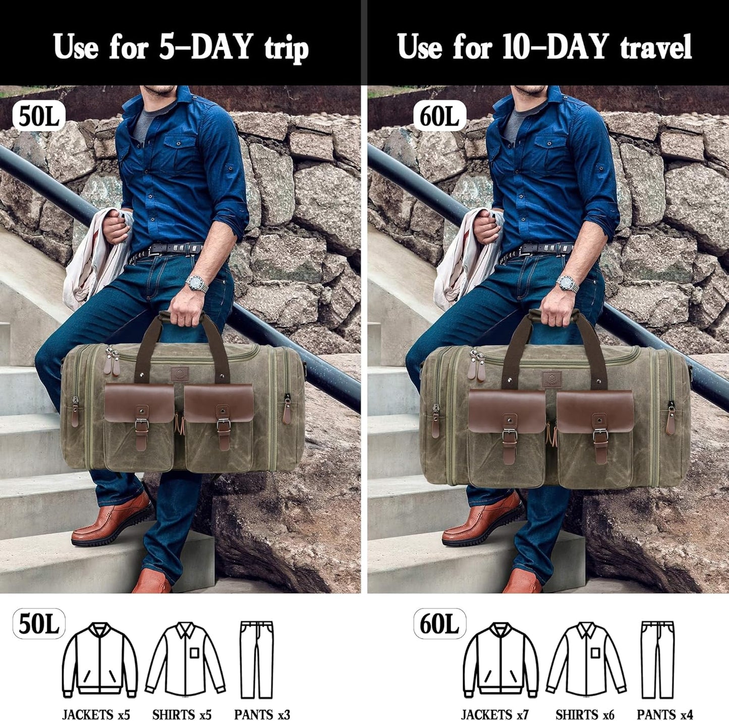 Waxed Canvas Duffle Bag for Men 50L Travel Duffel Bags Expandable Genuine Leather Duffel Overnight Weekender Carry On Bag Two Zipper Pockets Travel Bag (Vintage Grey, Large-50L)