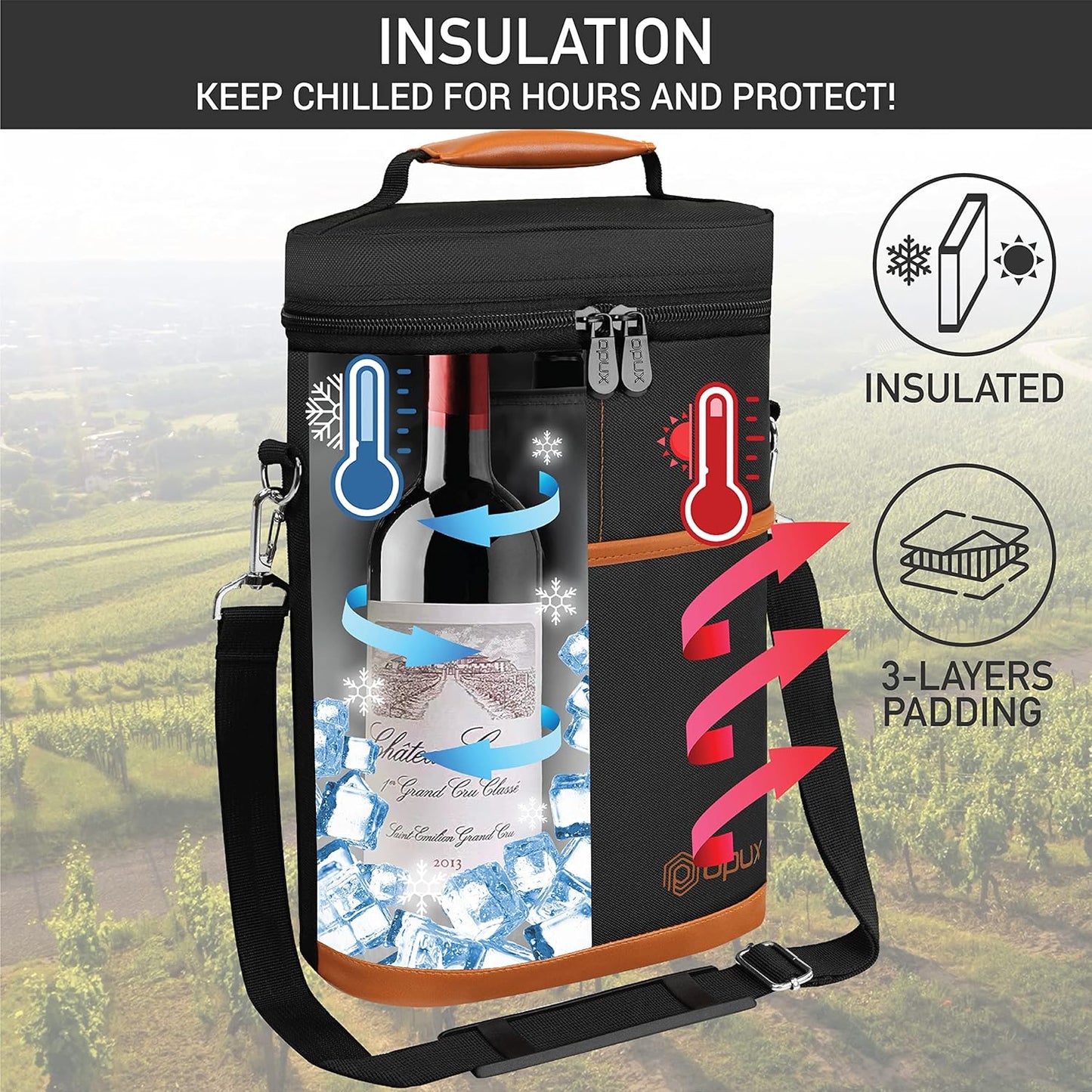 opux 2 Bottle Wine Carrier Tote, Insulated Leakproof Wine Cooler Bag, Wine Travel Bag Tote for Picnic BYOB Beach, Portable Wine Bottle Carrying Case, Gift for Wine Lover Women Men Christmas, Brown