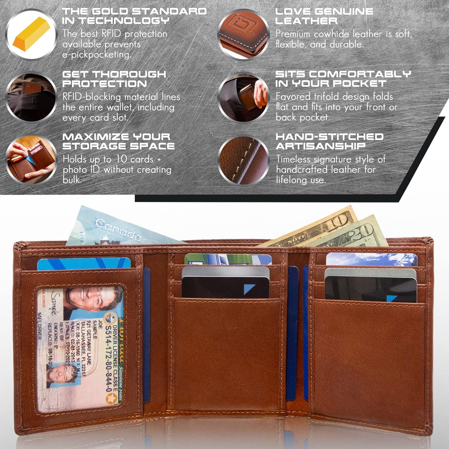 ID Stronghold Extra Capacity Trifold Wallet for Men - RFID Blocking Genuine Leather Wallet (Antiqued Brown)