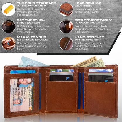 ID Stronghold Extra Capacity Trifold Wallet for Men - RFID Blocking Genuine Leather Wallet (Antiqued Brown)