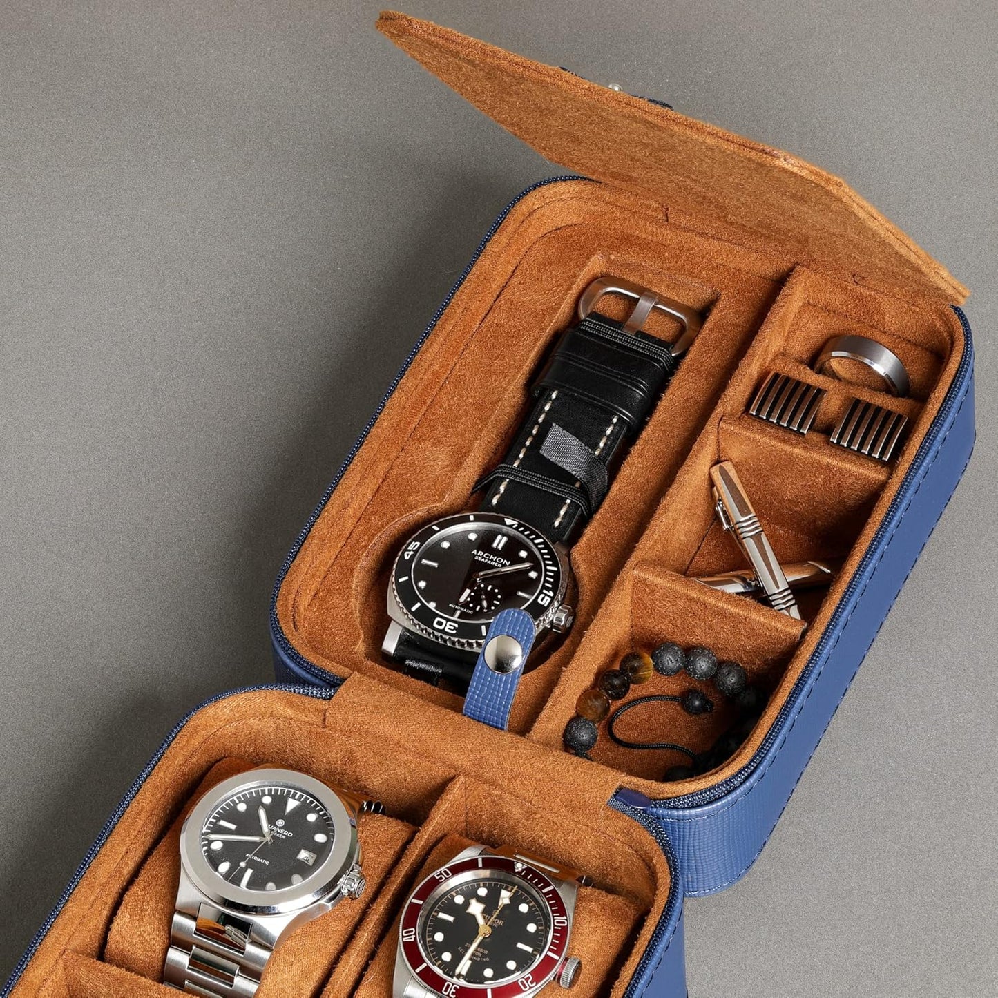 ROTHWELL 5 Watch Travel Case Storage Organizer for 5 Watches | Tough Portable Protection w/Zipper Fits All Wristwatches & Smart Watches Up to 50mm (Blue/Tan)
