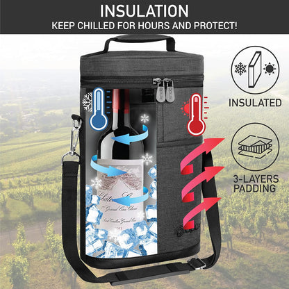 opux 2 Bottle Wine Carrier Tote, Insulated Leakproof Wine Cooler Bag, Wine Travel Bag for Picnic BYOB Beach, Portable Wine Bottle Carrying Case, Gift for Wine Lover Women Men Christmas, Charcoal Grey