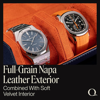 Napa Leather Watch Rolls for Men - Hexagon Triple Watch Roll Travel Case for 3 Watches - Storage Organizer Genuine Leather with Velvet Interior Display (Blue/Orange)