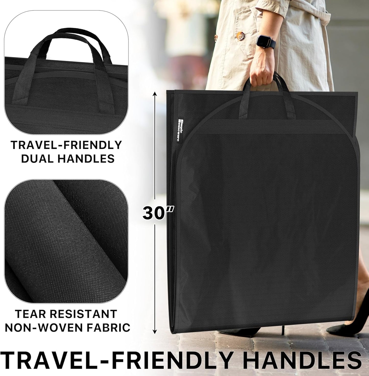 Simple Houseware 60-Inch Travel Garment Bag with Pockets, Non-Woven | Lightweight, Black, 3 Pack