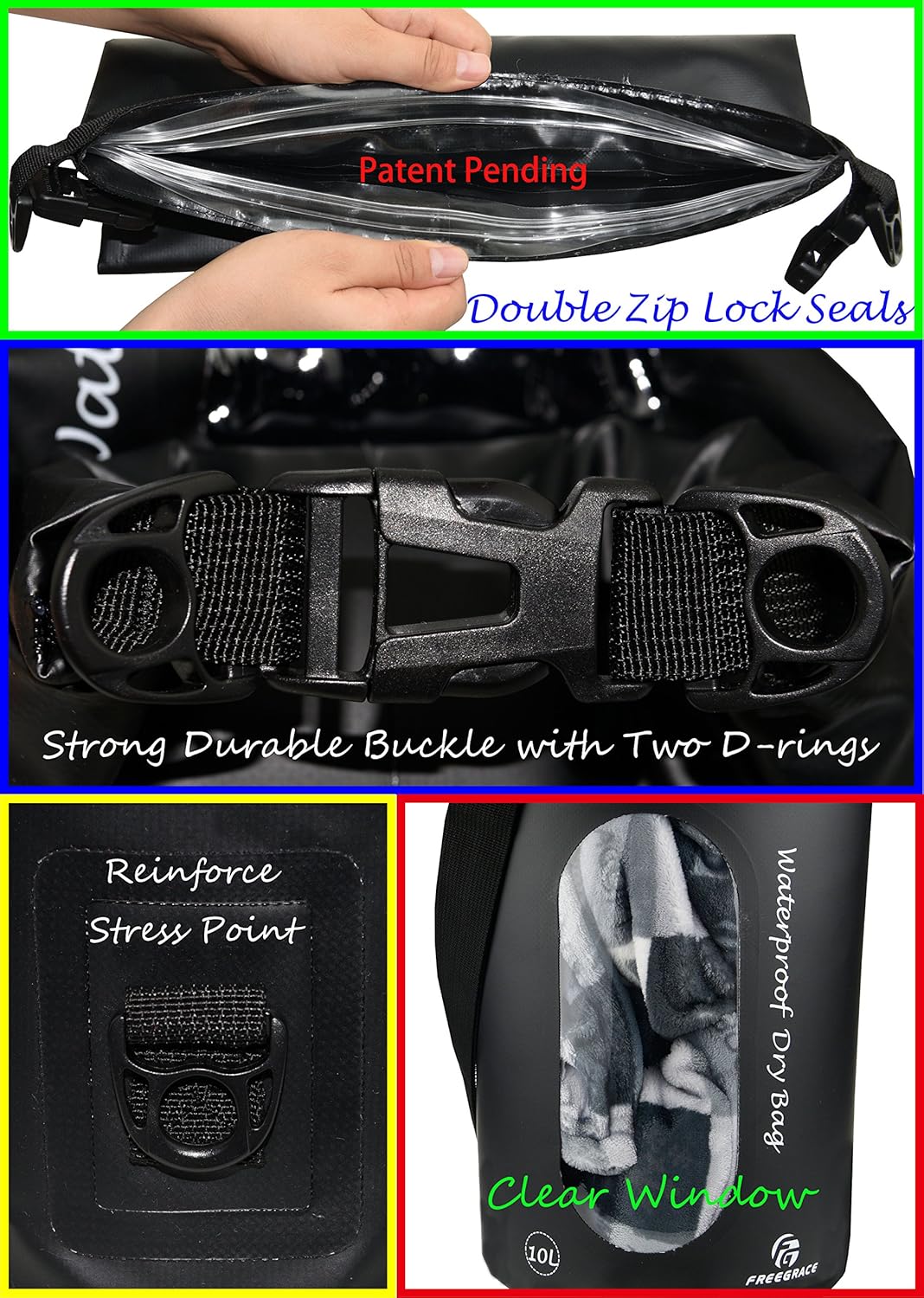 Freegrace Waterproof Dry Bags Set of 3 Dry Bag with 2 Zip Lock Seals & Detachable Shoulder Strap, Waist Pouch & Phone Case - Can Be Submerged Into Water - for Swimming (Black(Window), 10L)