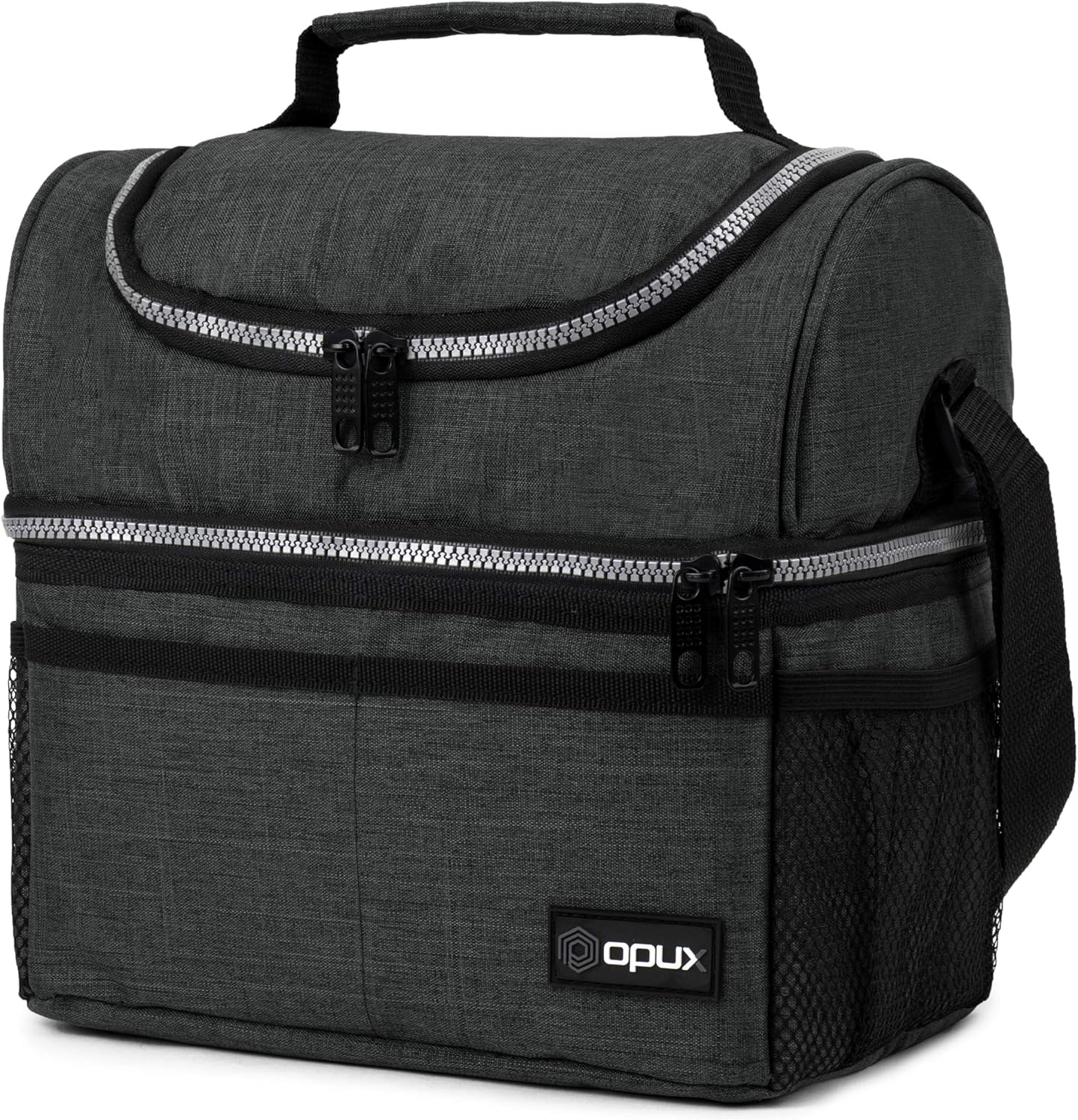OPUX Lunch Box For Men Women, Insulated Large Double Decker Lunch Bag, Charcoal Gray, 10x7.5x10 Inches