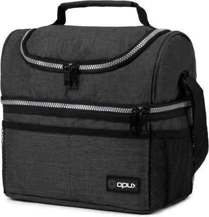 OPUX Lunch Box For Men Women, Insulated Large Double Decker Lunch Bag, Charcoal Gray, 10x7.5x10 Inches