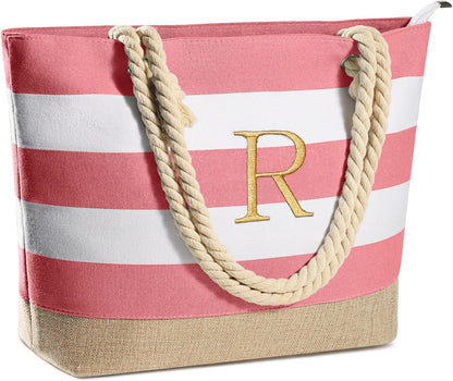 YOOLIFE Initial Canvas Waterproof Beach Tote Bag Zipper Personalized Gifts for Women Her Birthday Travel Beach Essential
