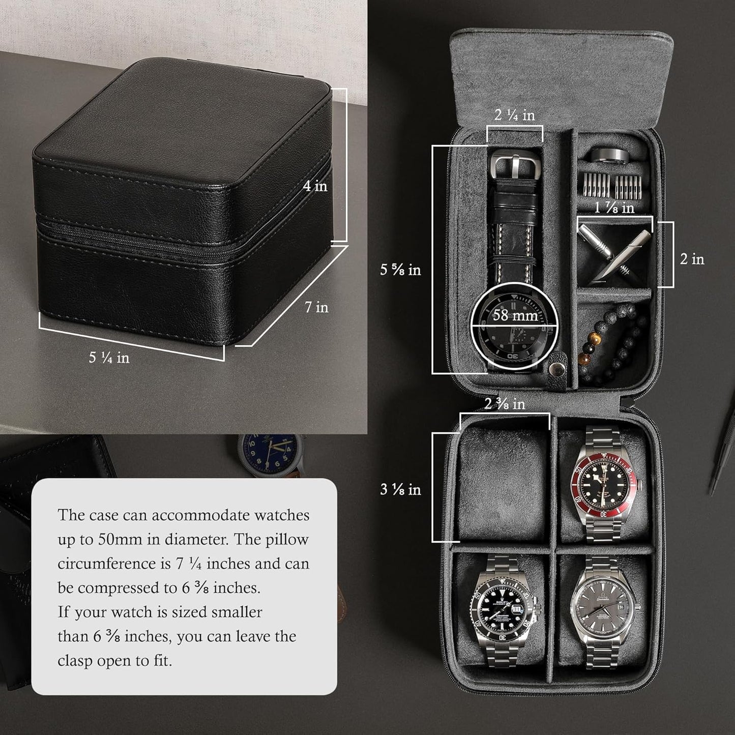 ROTHWELL 5 Watch Travel Case Storage Organizer for 5 Watches | Tough Portable Protection w/Zipper Fits All Wristwatches & Smart Watches Up to 50mm (Black/Grey)