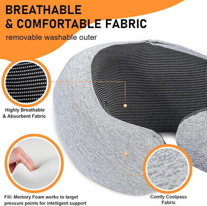 Travel Pillow - Hooded Neck Pillow Airplane Memory Foam Filling for Plane, Office, Cars Sleeping, Road Trip, Long Flights, Portable Plane Accessories, Includes Eye Mask & Earplugs (Light Gray)