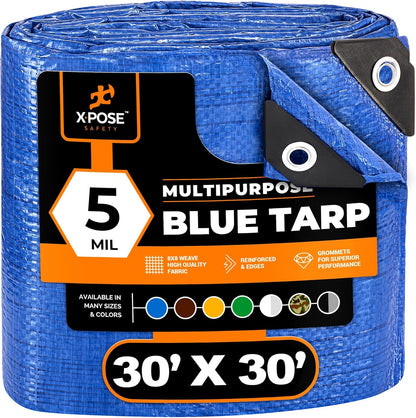 Better Blue Poly Tarp 30' x 30' - Multipurpose Protective Cover - Lightweight, Durable, Waterproof, Weather Proof - 5 Mil Thick Polyethylene - by Xpose Safety