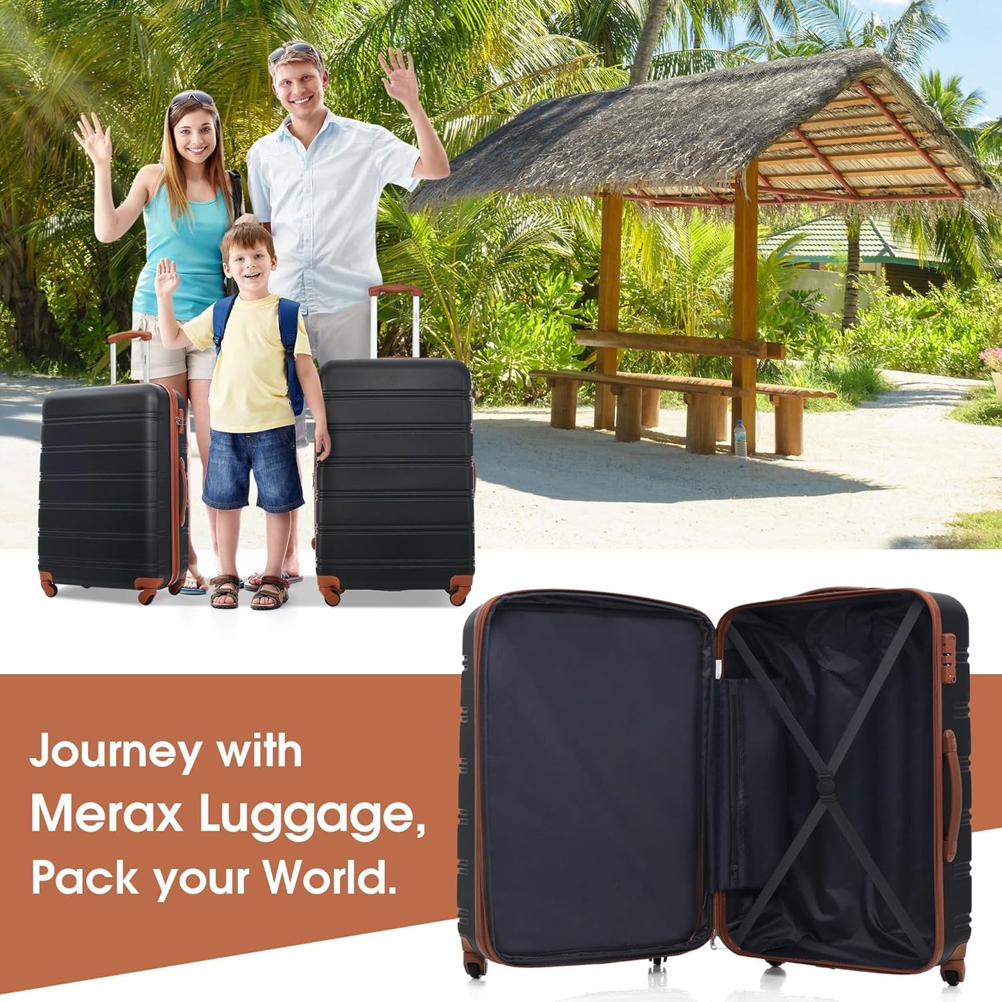 Merax Luggage sets of 3 Piece 20 28 IN Carry on Luggage Hard Case Black and Brown Luggage Expandable Checked Luggage Suitcase Set with Wheels