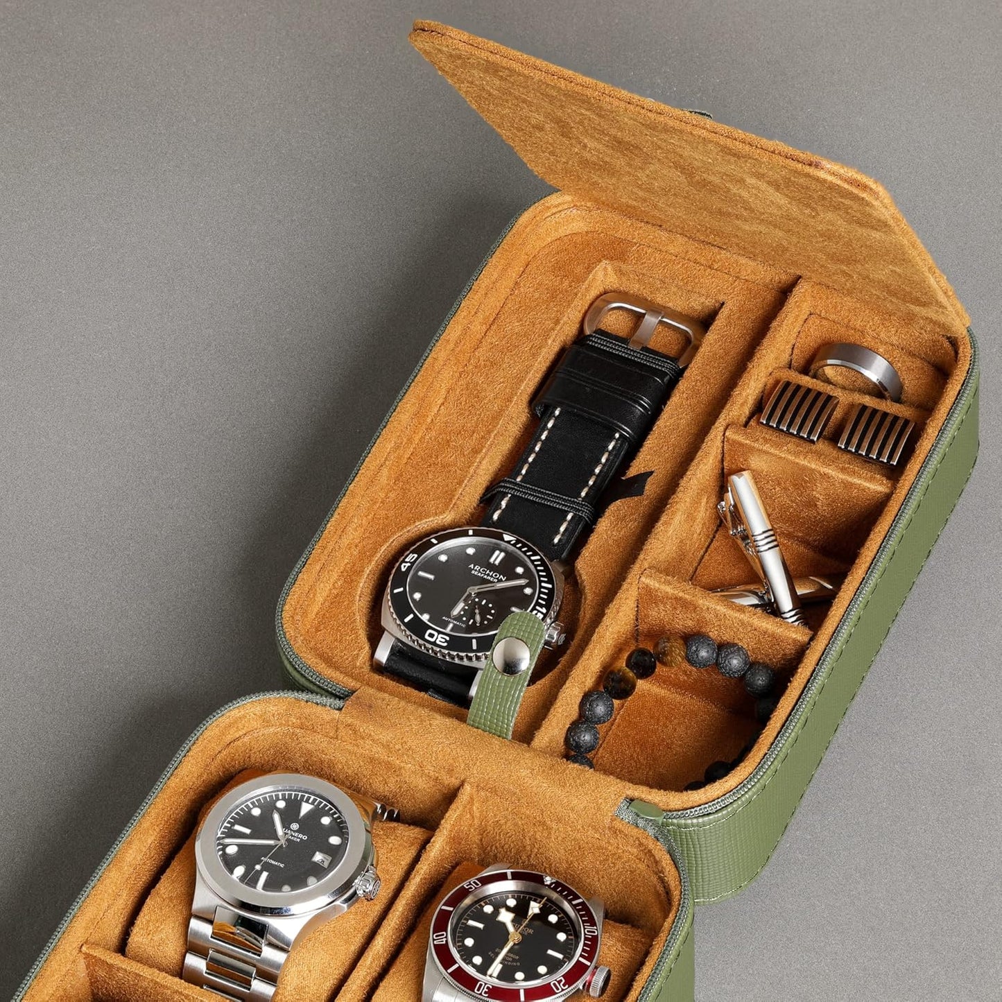 ROTHWELL 5 Watch Travel Case Storage Organizer for 5 Watches | Tough Portable Protection w/Zipper Fits All Wristwatches & Smart Watches Up to 50mm (Green/Tan)