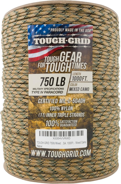 TOUGH-GRID 750 Paracord Rope Nylon Parachute Cord, Made in USA Survival Kit, Outdoor Adventures, Camping, Tactical Gear & Emergency Supplies, Military Type IV Mil-Spec