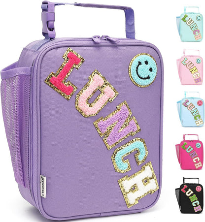 FlowFly Lunch box Insulated Soft Bag Mini Cooler Back to School Thermal Meal Tote Kit With Buckle and Mesh Side Pocket for Girls, Boys, PurpleWithLetter