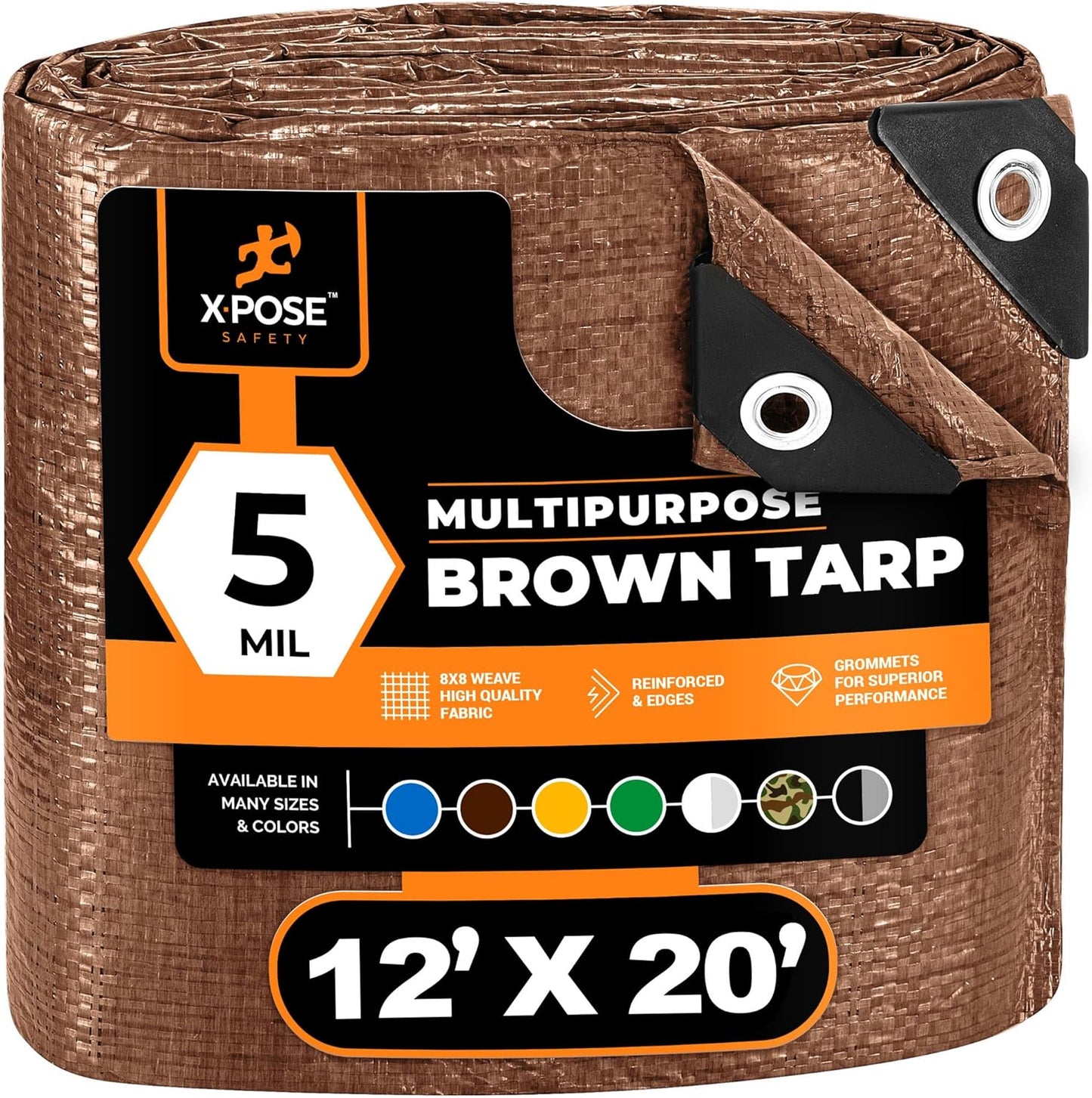 Multipurpose Protective Cover Brown Poly Tarp 12' x 20' - Durable, Water Resistant, Weather Resistant - 5 Mil Thick Polyethylene - by Xpose Safety