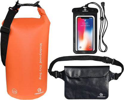 Freegrace Waterproof Dry Bags Set of 3 Dry Bag with 2 Zip Lock Seals & Detachable Shoulder Strap, Waist Pouch & Phone Case - Can Be Submerged Into Water - for Swimming (Orange, 5L)