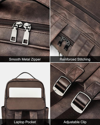 MASINTOR 15.6 inch PU Leather Laptop Backpack Purse for Women, Large College Casual Backpack Travel Bag Retro Coffee