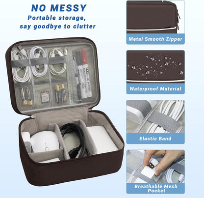Electronics Organizer,Travel Cord Organizer Pouch, Portable Cable Organizer Bags, Waterproof Electronic Accessories Storage Case for Cables, Cords, Charger, Phone (Double Layer-Brown)