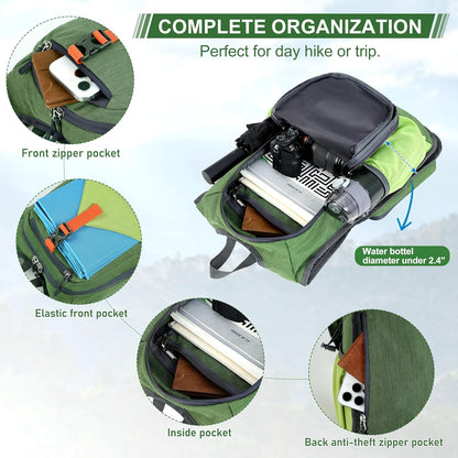 FIORETTO 15L Hiking Backpack for Women Men Mini Packable Backpack Lightweight Small Daypack for Camping Travel Outdoor, Green