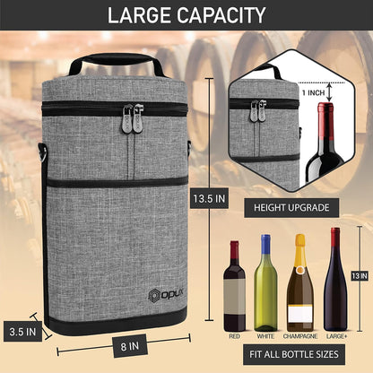 opux 2 Bottle Wine Carrier Tote, Insulated Leakproof Wine Cooler Bag, Wine Travel Bag for Picnic BYOB Beach, Portable Wine Bottle Carrying Case, Gift for Wine Lover Women Men Christmas, Heather Grey