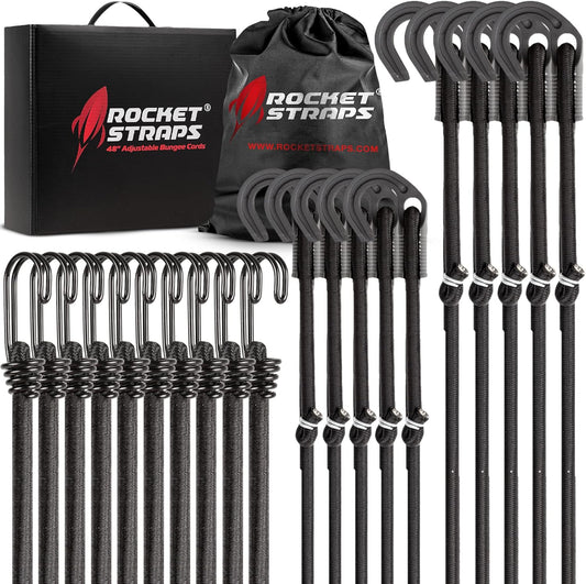 Rocket Straps - Ultimate Adjustable Outdoor Bungee Cord Assortment - Heavy Duty Set of 20 Bungee Cords (36") Double-J Hooks - Elastic Straps for Camping, Securing, and DIY Multipurpose