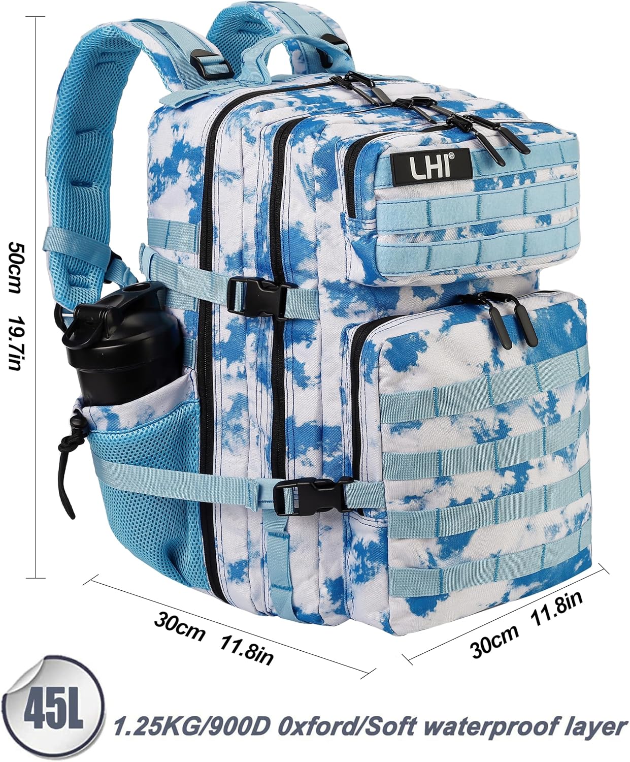 LHI Military Tactical Backpack for Men and Women 45L Army 3 Days Assault Pack Bag Large Rucksack with Molle System - Light blue tie-dye