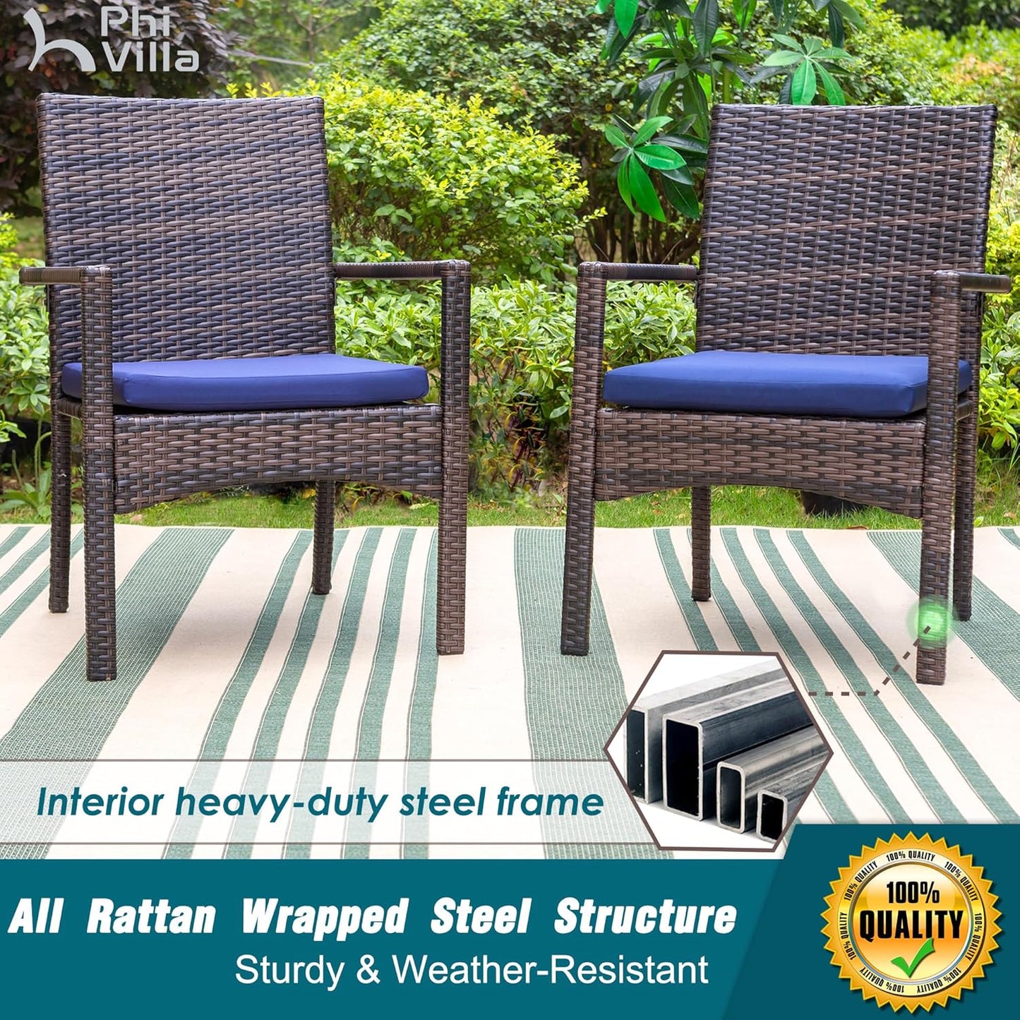 PHI VILLA Outdoor Rattan Dining Chairs Set of 6, Modern Wicker Armchair with Cushions for Patio, Deck, Yard, Porch - Brown