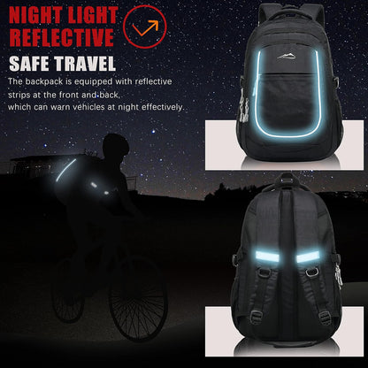 ProEtrade Backpack Bookbag for College Sturdy Travel Business Hiking Fit Laptop Up to 15.6 Inch Multi Compartment Gifts for Men Women Night Light Reflective (Black)