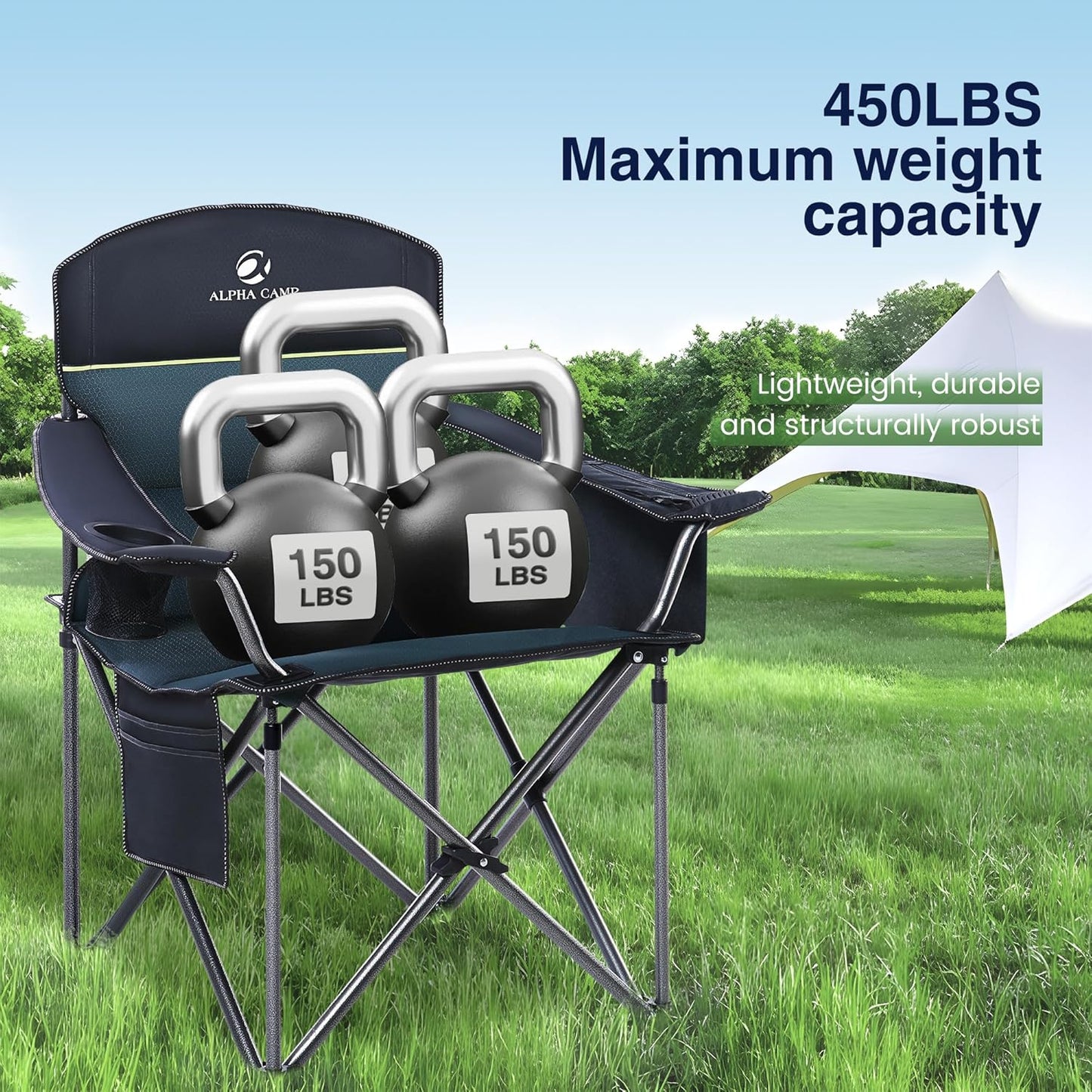 HIGH POINT SPORTS Oversized Camping Folding Chair, Heavy Duty Portable Outdoor Chair, Foldable Camp Chair with Cup Holder and Cooler Bag Support 450 LBS, 2 Pack, Green