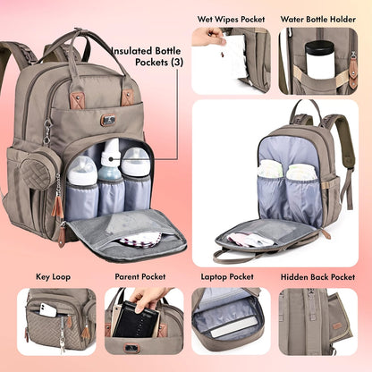 Dikaslon Diaper Bag Backpack with Portable Changing Pad, Pacifier Case and Stroller Straps, Large Unisex Baby Bags for Boys Girls, Multipurpose Travel Back Pack Moms Dads,Khaki